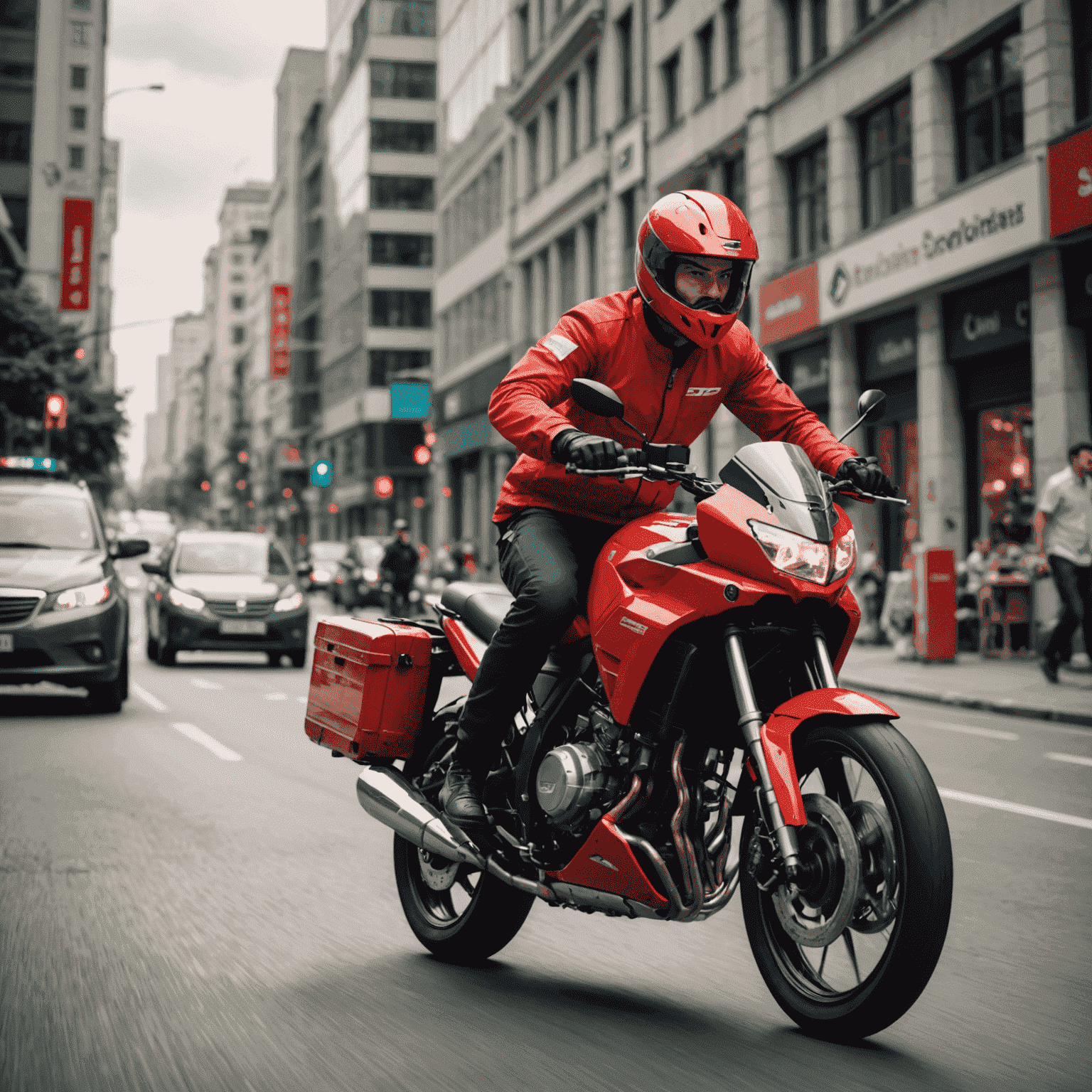 Bir kurye, kırmızı üniformasıyla şehir merkezinde motosikletle hızla ilerliyor. Arka planda modern binalar ve yoğun trafik görünüyor.