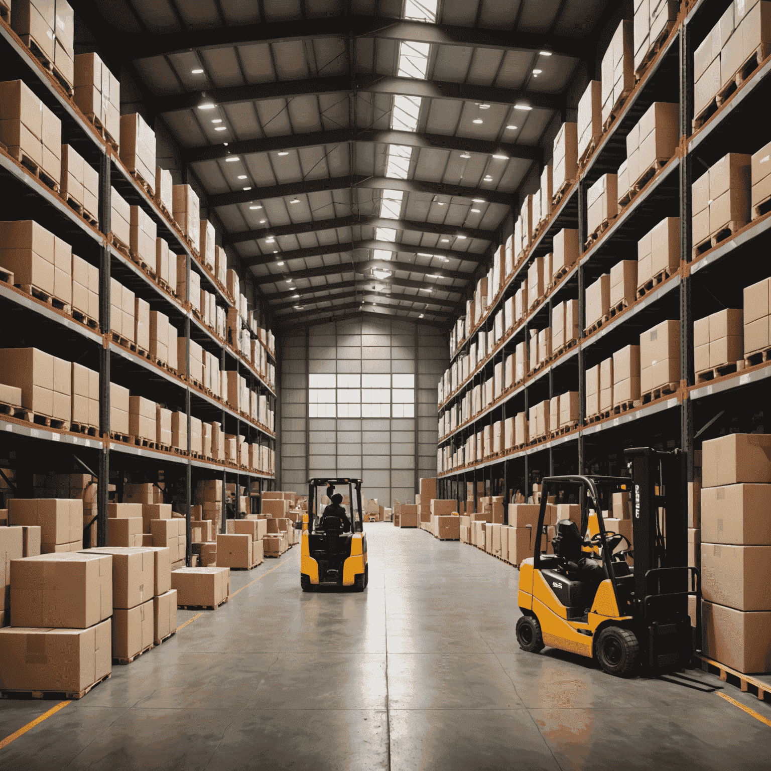 Büyük bir depo, içinde çok sayıda paket ve kutu, forkliftler çalışıyor